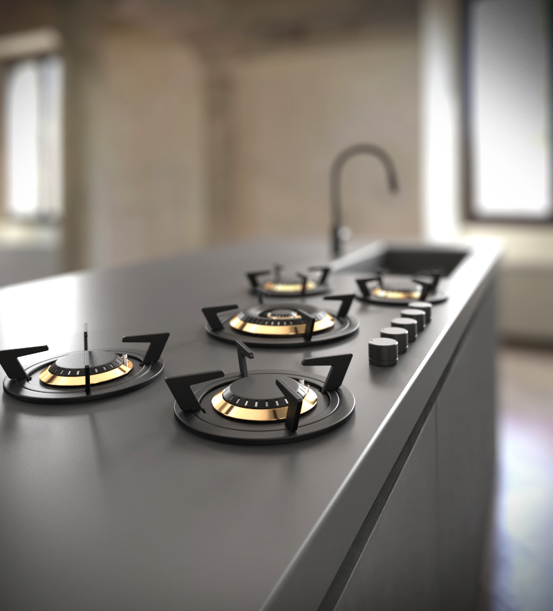 Five black burners on a gray countertop
