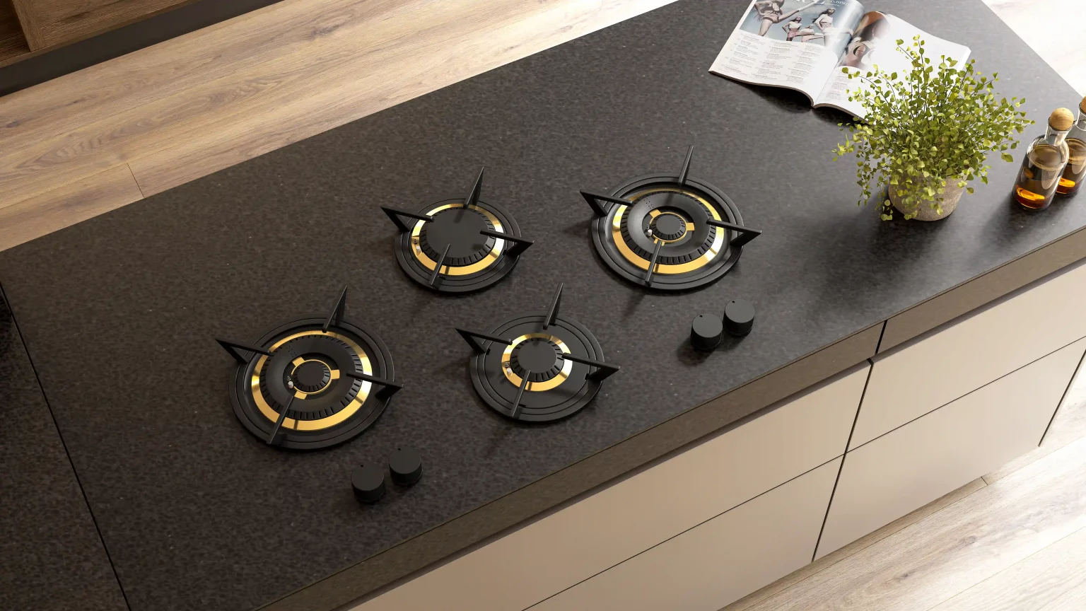Set of four black burners on a black countertop