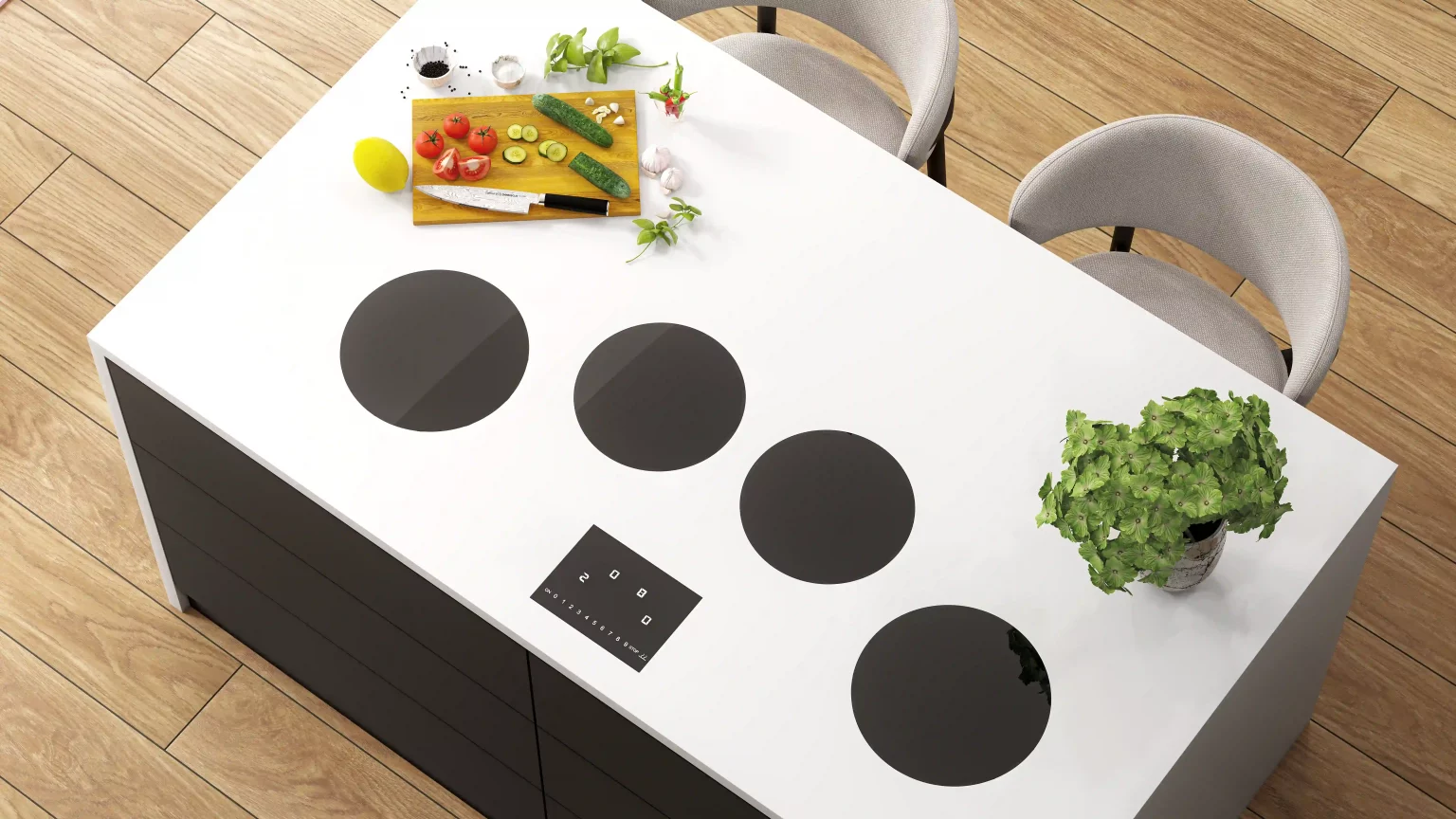 Set of four induction burners on white countertop