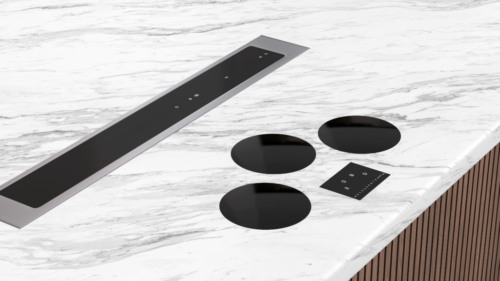 Three black burners on a silver marble countertop